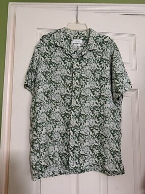Porter & Ash Men’s L Linen Blend Floral Tropical Button-Down Green Shirt